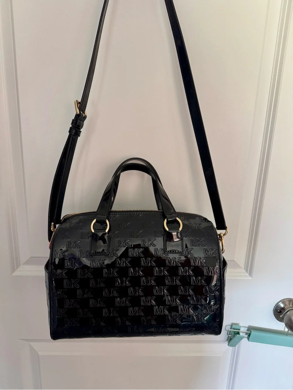 Michael Kors Grayson Black Patent Logo Satchel with Detachable Strap